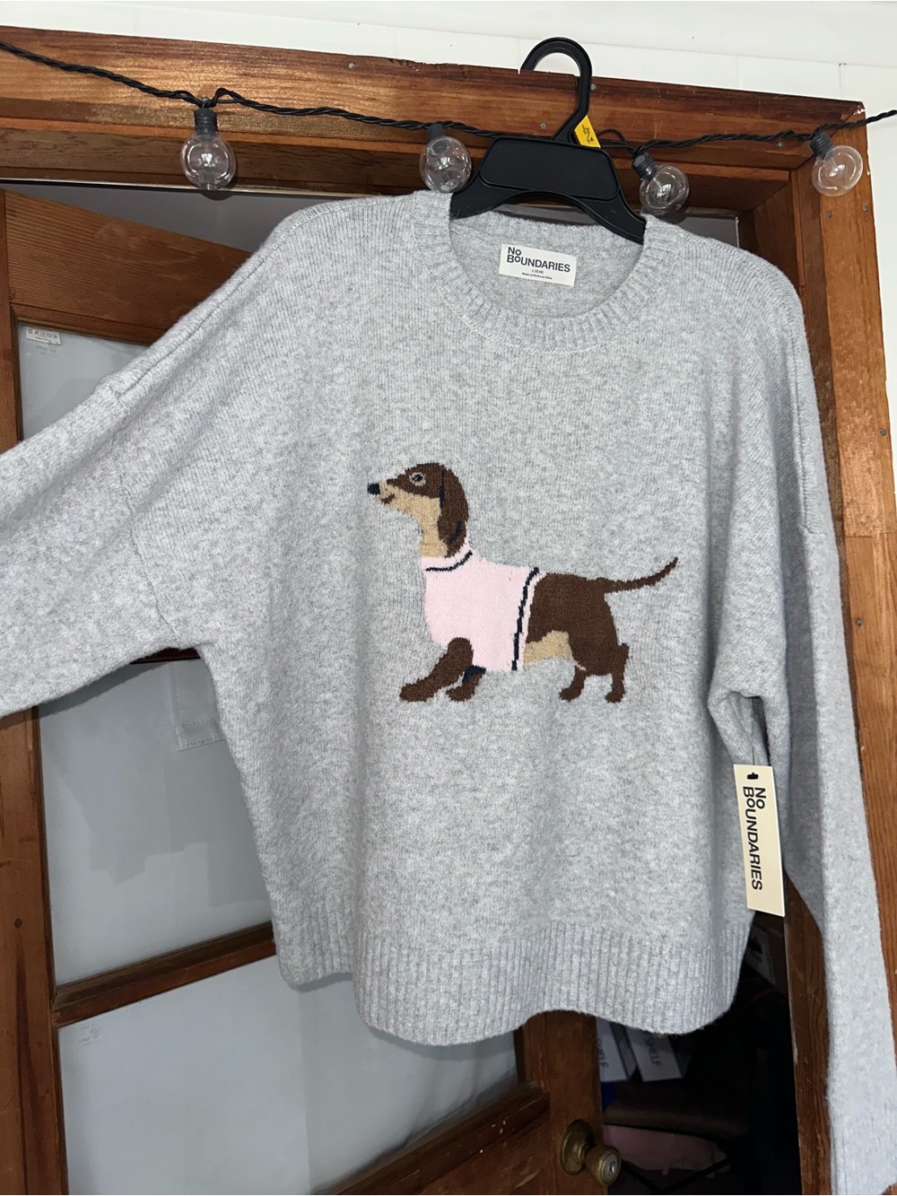 No Boundaries Gray Crewneck Sweater with Dachshund Graphic and Pink Accent